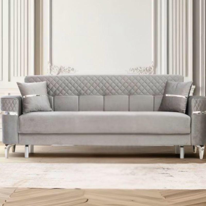 trosjed Lucca svijetlo sivi sa sandukom i funkcijom razvlačenja